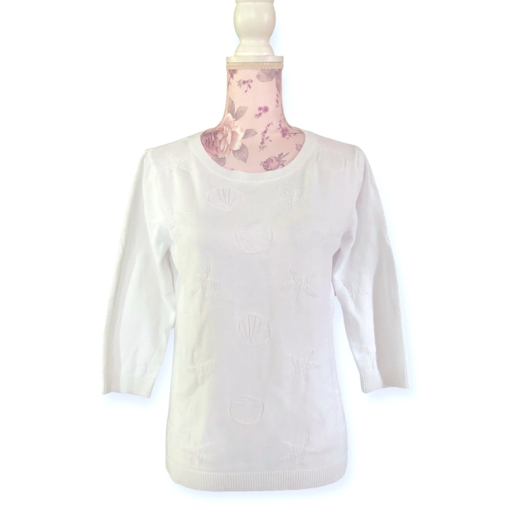 Talbots White Embroidered 3/4 Sleeve Sweater